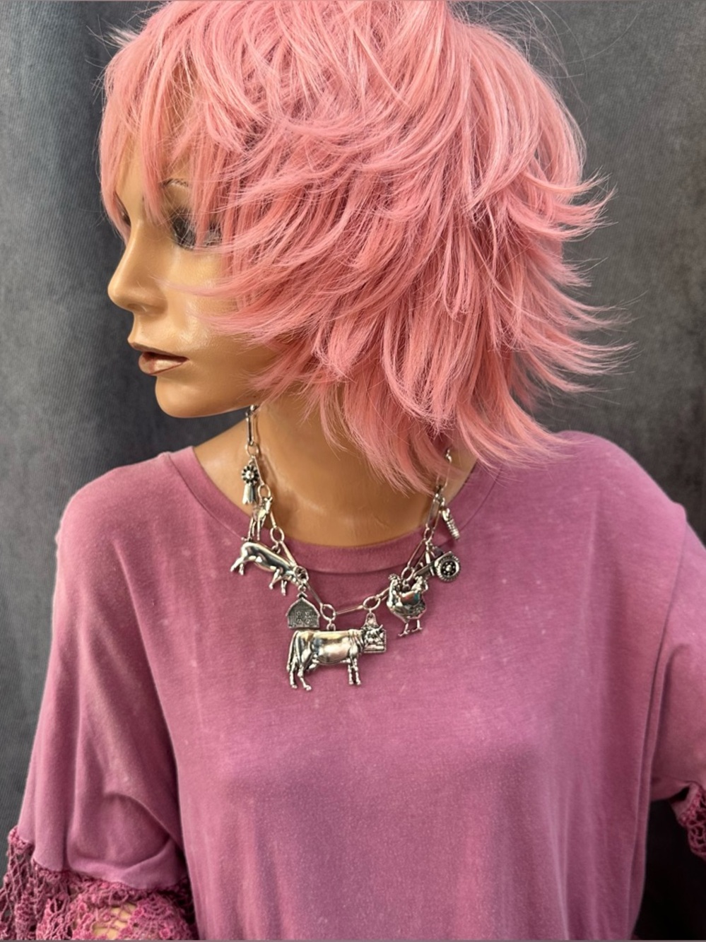 Farmhouse animals Chunky charm statement necklace silver tone